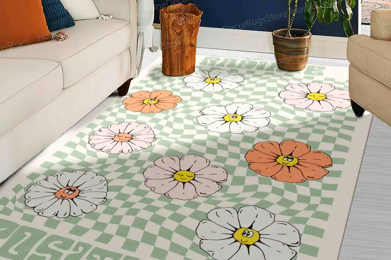 Eleganter Retro-Teppich mit grünem Karomuster und Blumenmuster für die Inneneinrichtung