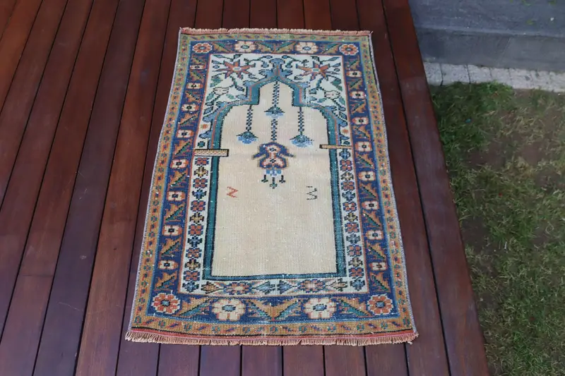 2.1x3.3 ft Vintage Türk Halısı, Küçük Halı, Oushak Mavi Yün Halı - 1
