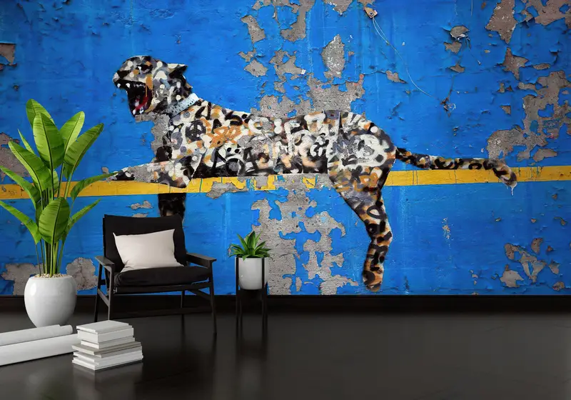 Zarif Bronx Hayvanat Bahçesi Leopar Graffiti Mavi Baskılı Duvar Kağıdı