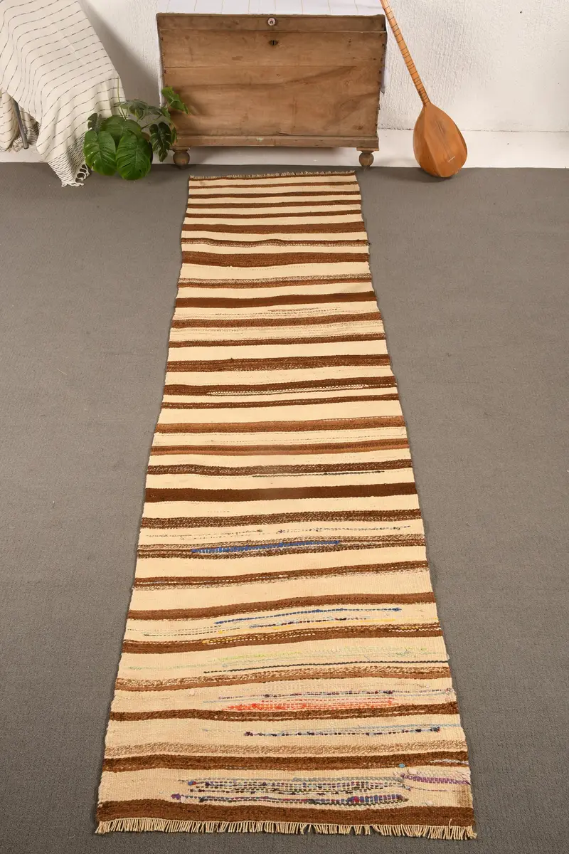 Vintage Türkischer Teppich, Läufer 2,9x10,3 ft (88x315 cm) Teppich, Beige marokkanischer Wollteppich - 1