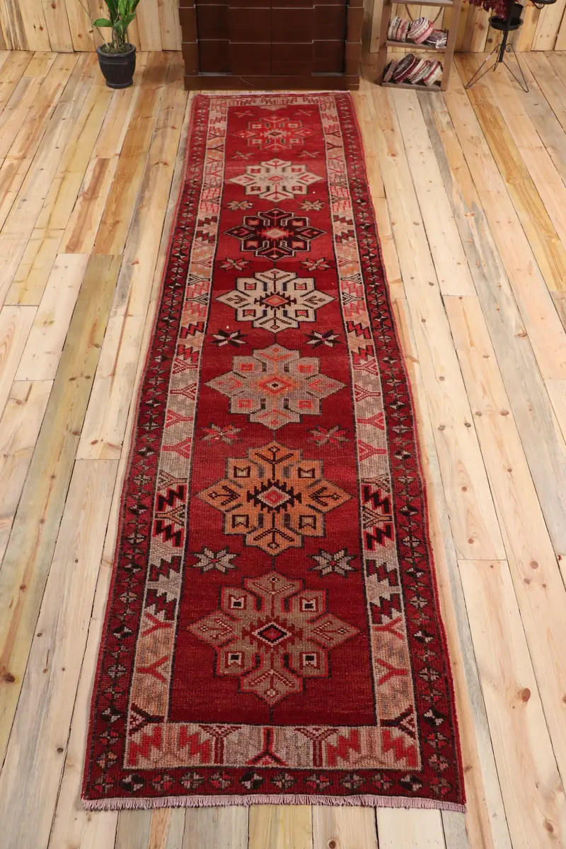 2.9x12.6 ft Turkish Herki Rug, Vintage Rug, Red Ombré Wool Rug - 1