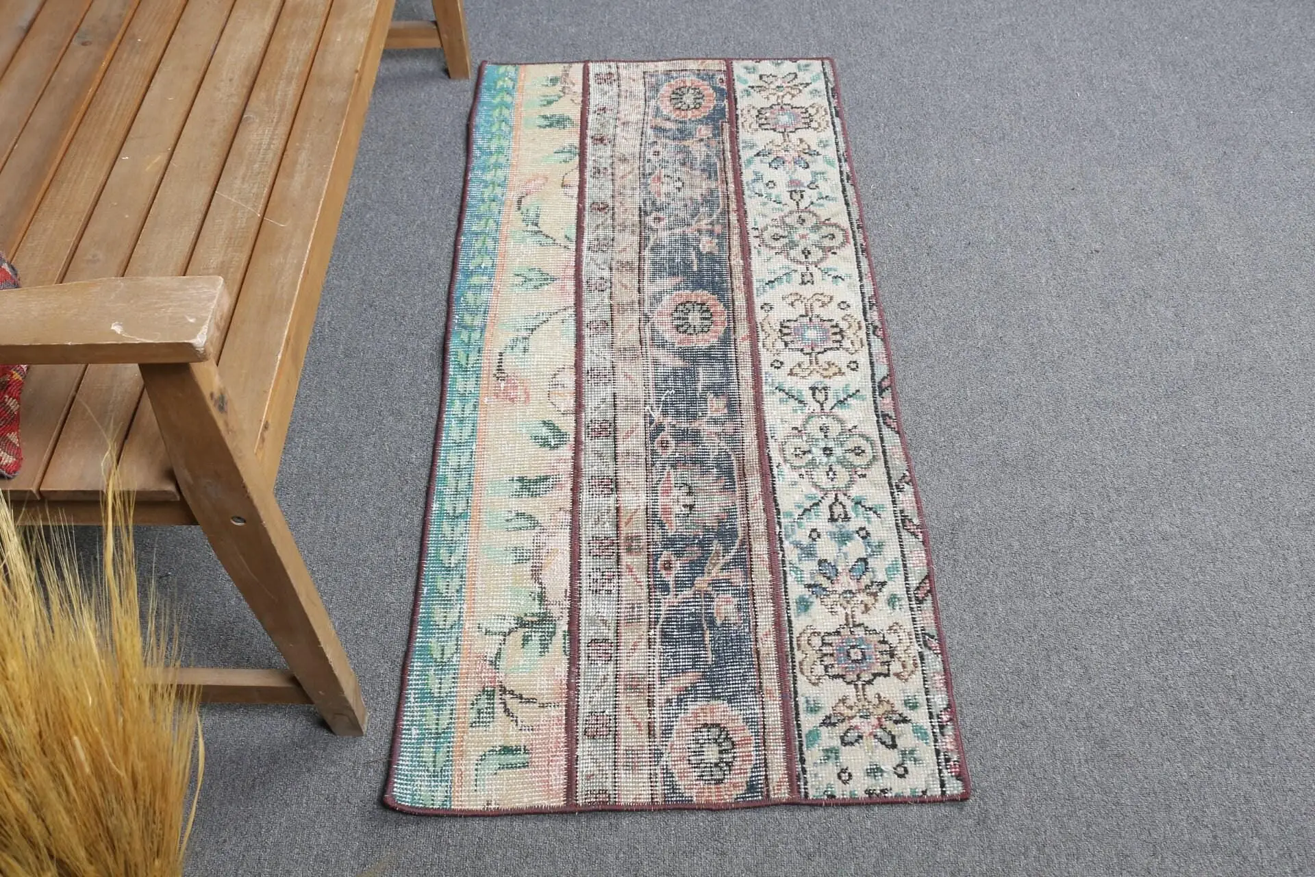 Turkish Vintage Rug 2x4.3 ft (61x132 cm), Blue Wool Rug - 1