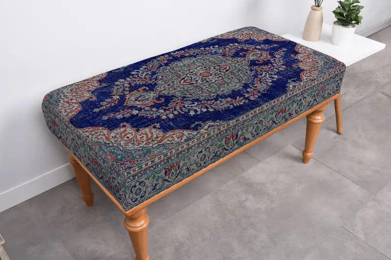 北欧オットマン、ブルー＆グリーンキリム風ウールブレンドオットマン