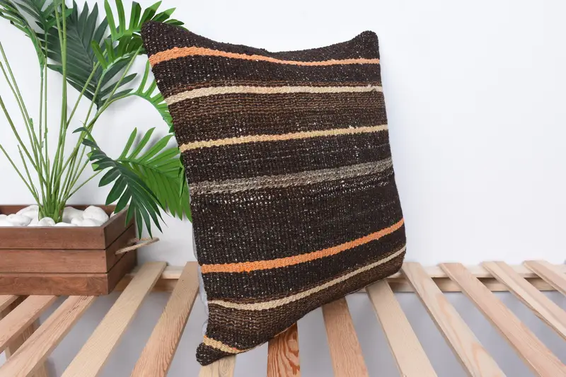 Vintage Kilim Throw Pillow, Cozy Throw Pillow Sham, Boho Pillow, 20x20 Brown Cushion Case, Cushion Cover, Kilim Pillow Cover - 4