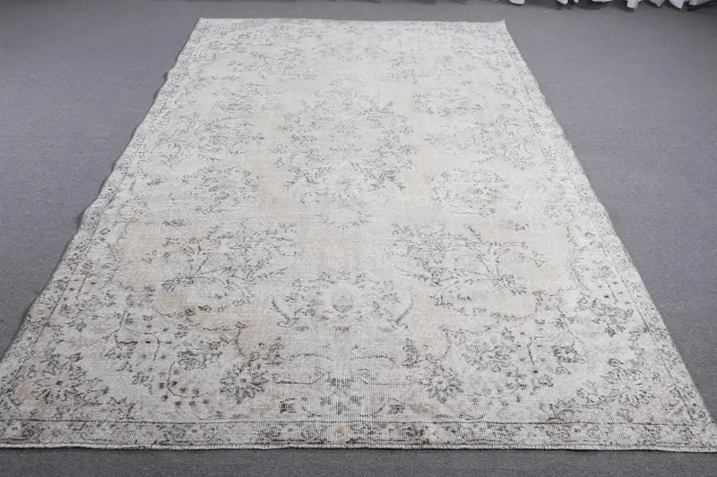 Vintage Türk Halısı, 6.5x10.1 ft Oushak Halı, Beyaz Gri İkat Halı - 1