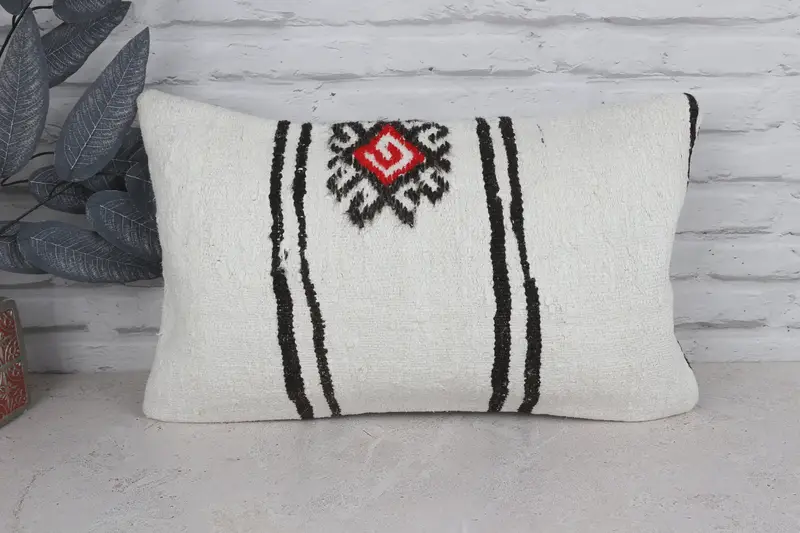 Vintage Kilim Pillow, Pillow Cover, 12x20 White Cushion, Ethnic Pillow Sham, Antique Pillows, Turkish Rugs Pillow Case, Pillow for Couch - 1