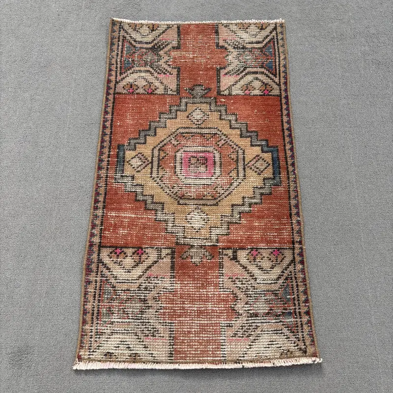 Vintage 1.6x2.9 ft Small Rug, Turkish Rug, Oushak Orange Check Rug - 1