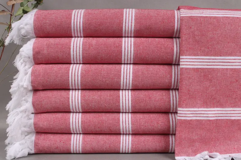 Turkish Towel Organic Red Striped, Beach Towel Beige, 30x69 Inches