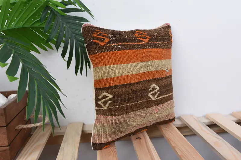 Retro Pillow Case, Kilim Pillow Cover, Pattern Throw Pillow Case, Kilim Cushion Sham, 12x12 Orange Pillow Case, Turkish Kilim Pillow, Cushion - 4