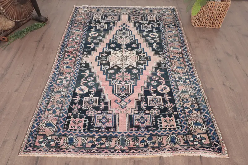 4,3x6,2 ft Vintage Teppich, türkischer Teppich, blau rosa Blumenteppich - 1