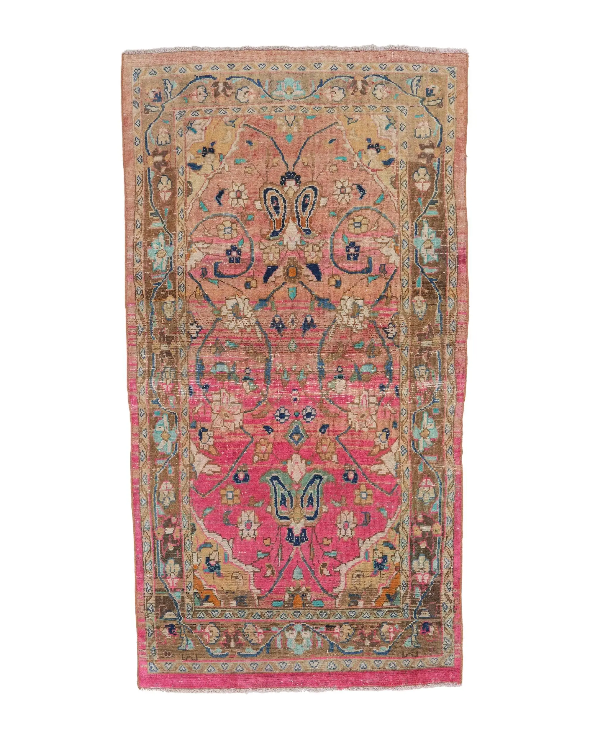 Pembe ve Mavi Halı, 3,1x6,1 ft Zarif Bordürlü Tasarım - 1