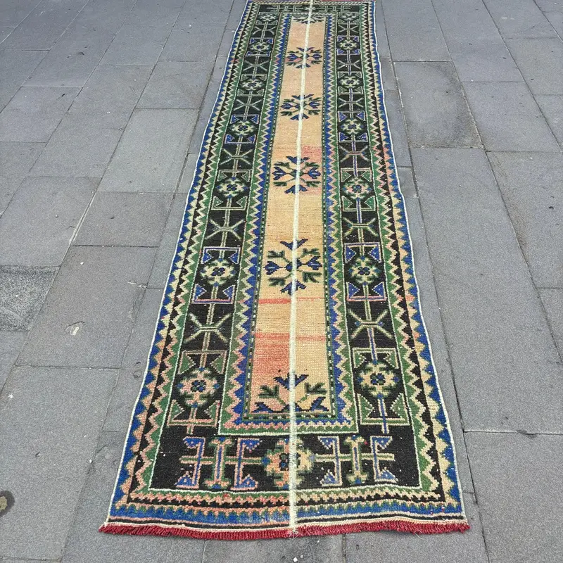 2.7x10.4 ft Rug, Turkish Vintage Rug, Blue Oushak Wool Rug - 1
