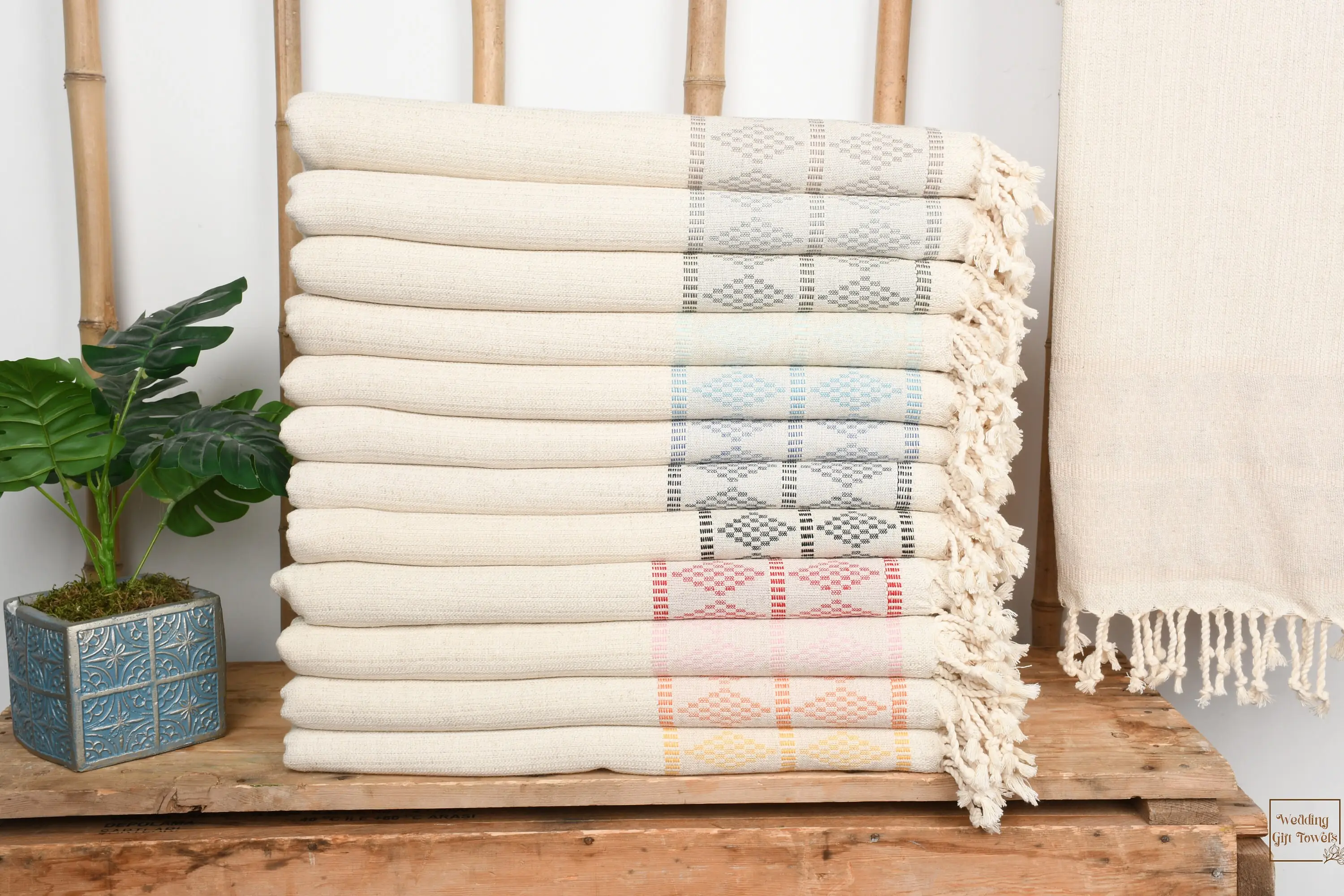 Personalized Turkish Towel Beach Beige Kilim Design, 70x36 Inches - 1