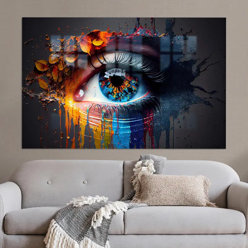 Elegante vidrio impreso con ojos abstractos: moderno, colorido y único
