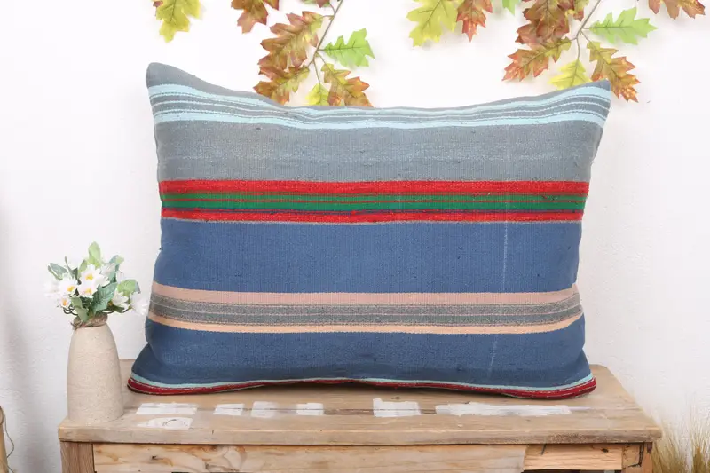 Mavi & Gri Çizgili Kırlent, İşlemeli Dikdörtgen Yastık