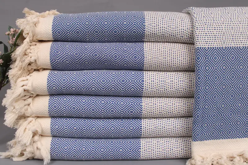 Turkish Throw Blanket Sax Blue Diamond, Beige, Organic Cotton, 79x103 Inches