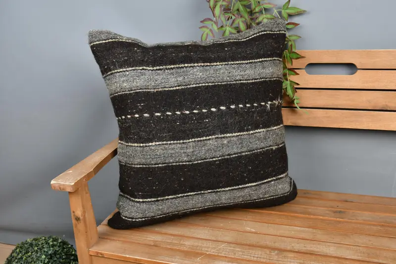 Almohada decorativa a rayas marrones y grises, almohada bordada 24x24 pulgadas
