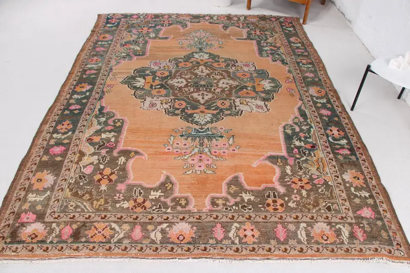 手作りのオレンジラグ、5.4x8.9フィートのペルシャ模様