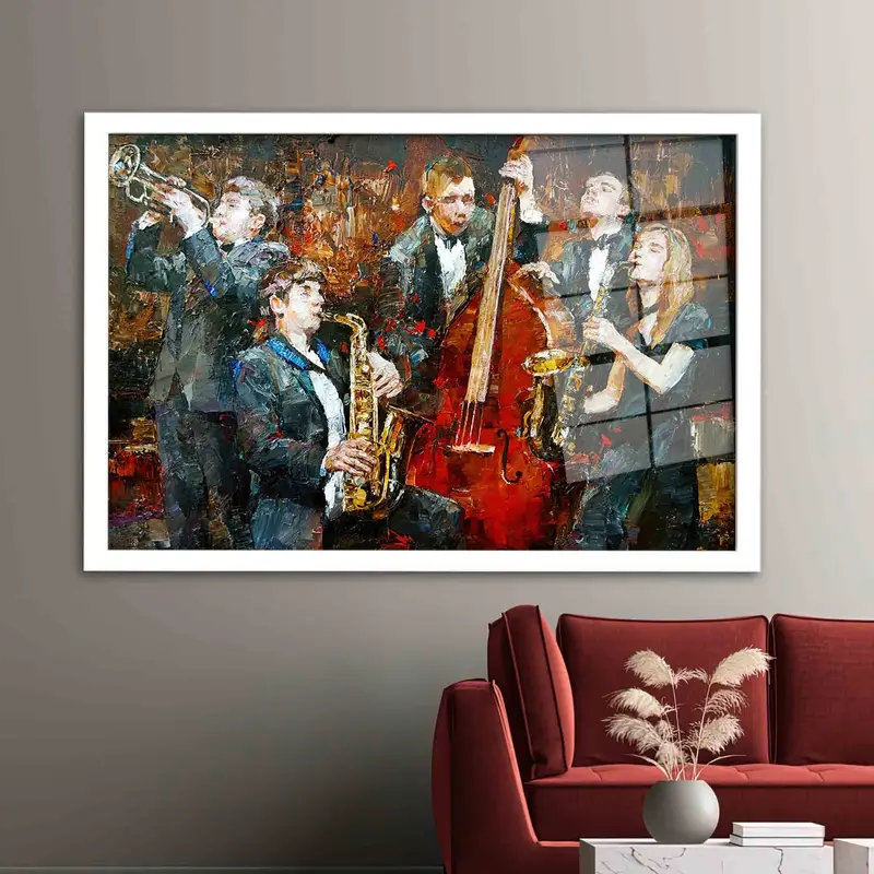 Modern Printed Glass: Abstract Jazz Musicians in Vibrant Design