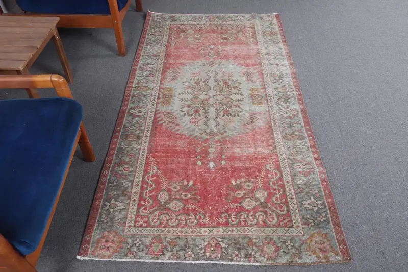 3.4x6.5 ft Vintage Accent Halı, Kırmızı Gri Türk Hayvan Baskılı Yün Halı - 1