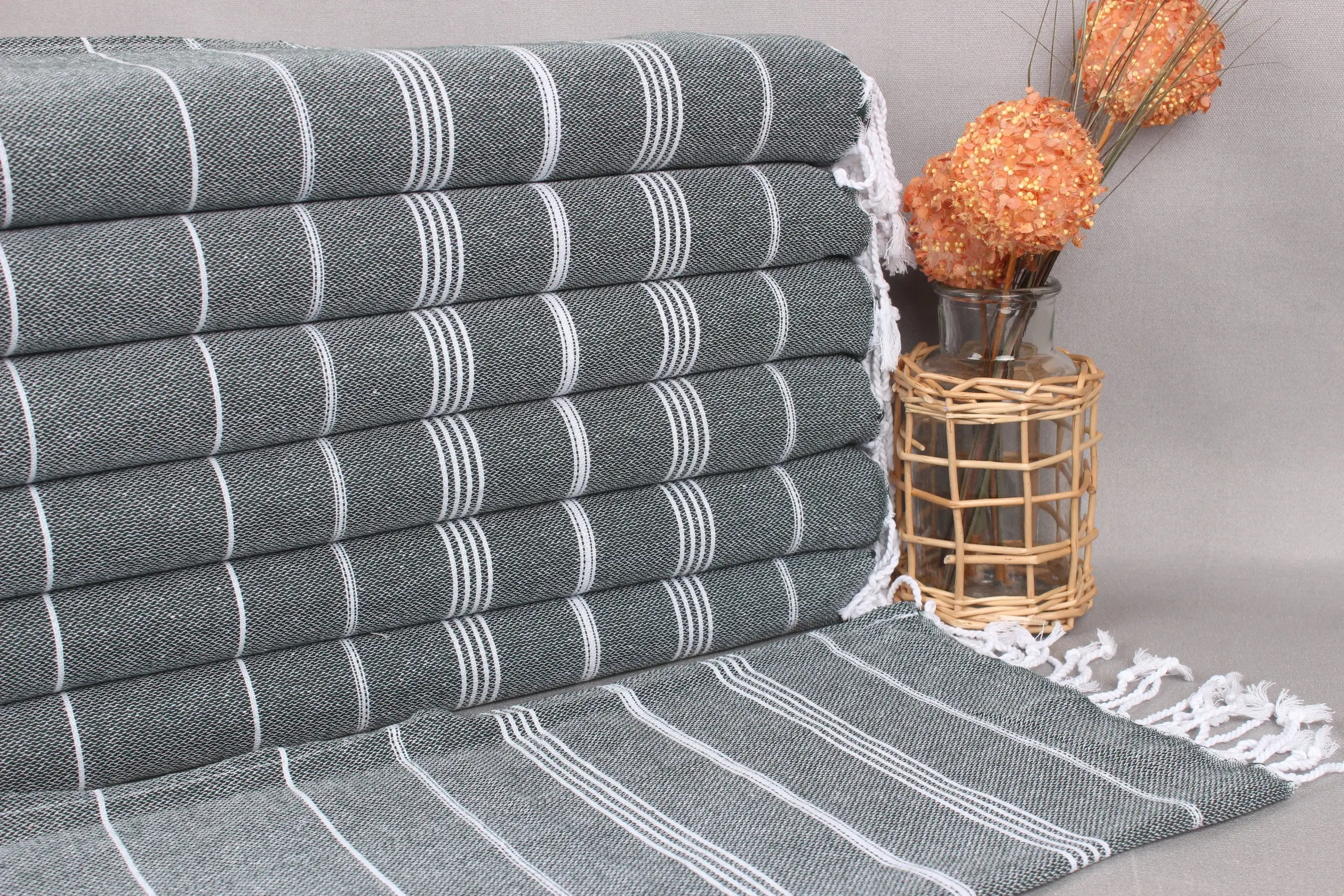 Customized Organic Cotton Hand Towel Dark Green Striped, 18x38 Inches - 1