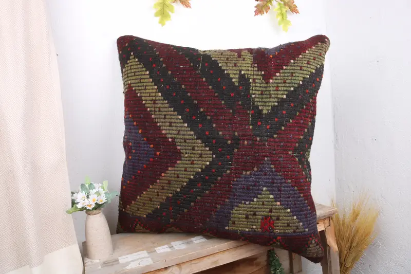 Vintage Kilim Throw Pillow, Cushion Case, Living Room Throw Cushion, Pillow for Couch, Ethnical Kilim Rug Pillow, 28x28 Red Cushion Case - 4