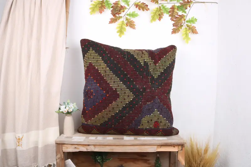 Vintage Kilim Throw Pillow, Cushion Case, Living Room Throw Cushion, Pillow for Couch, Ethnical Kilim Rug Pillow, 28x28 Red Cushion Case - 1