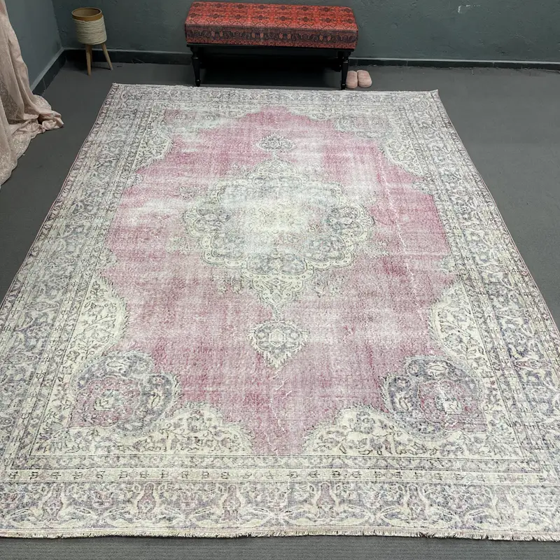 Vintage Turkish Oversize Rug 7.9x11 ft, Pink Blue Plants & trees Rug - 1