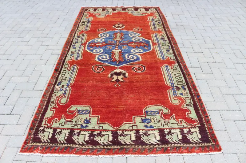 Oushak Rug, 4.4x8.9 ft Vintage Rug, Red Floral Rug Wool - 1