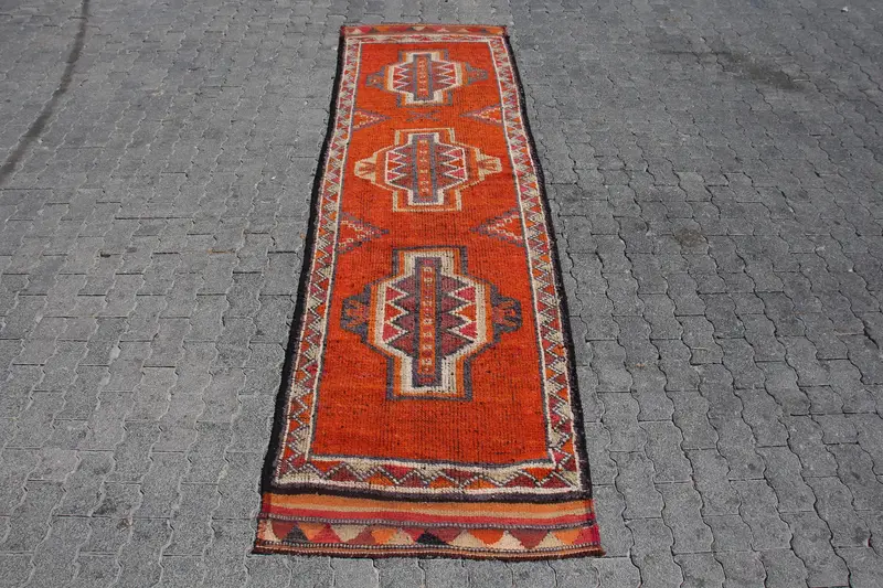 3.1x10.4 ft Turkish Vintage Rug, Runner Rug, Herki Red Wool Rug - 1