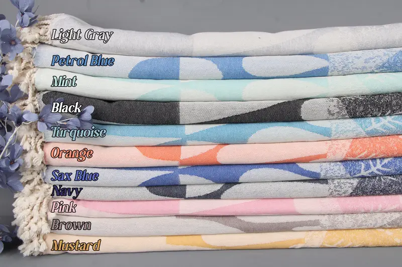 79x99 Cotton Throw, Tablecloth, Turtle Design, Beige Ikat, Double Bed