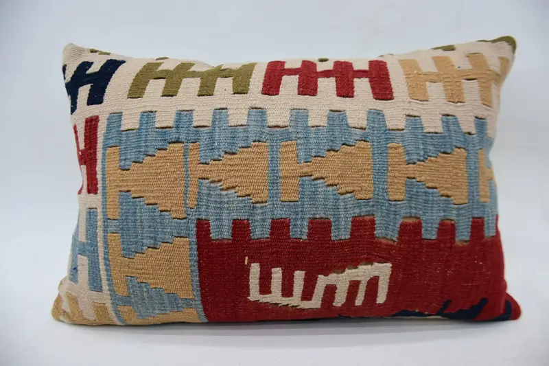 Antique Pillows, Vintage Kilim Throw Pillow, Office Chair Cushion, Handwoven Pillow Cover, 16x24 Blue Pillow, Kilim Cushion Sham, Cushion Cover - 1
