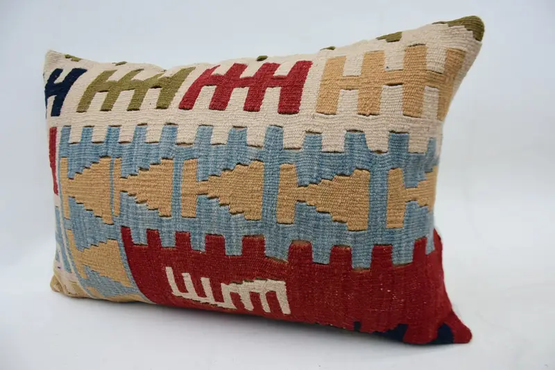 Antique Pillows, Vintage Kilim Throw Pillow, Office Chair Cushion, Handwoven Pillow Cover, 16x24 Blue Pillow, Kilim Cushion Sham, Cushion Cover - 3