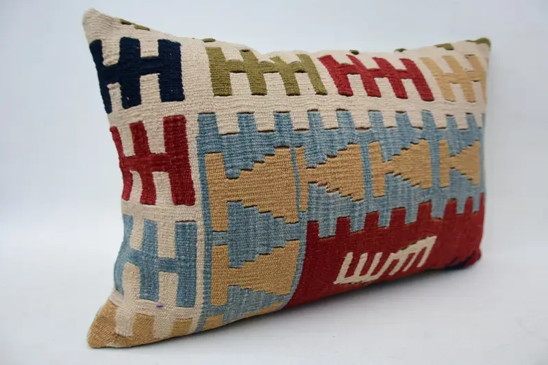 Antique Pillows, Vintage Kilim Throw Pillow, Office Chair Cushion, Handwoven Pillow Cover, 16x24 Blue Pillow, Kilim Cushion Sham, Cushion Cover - 2