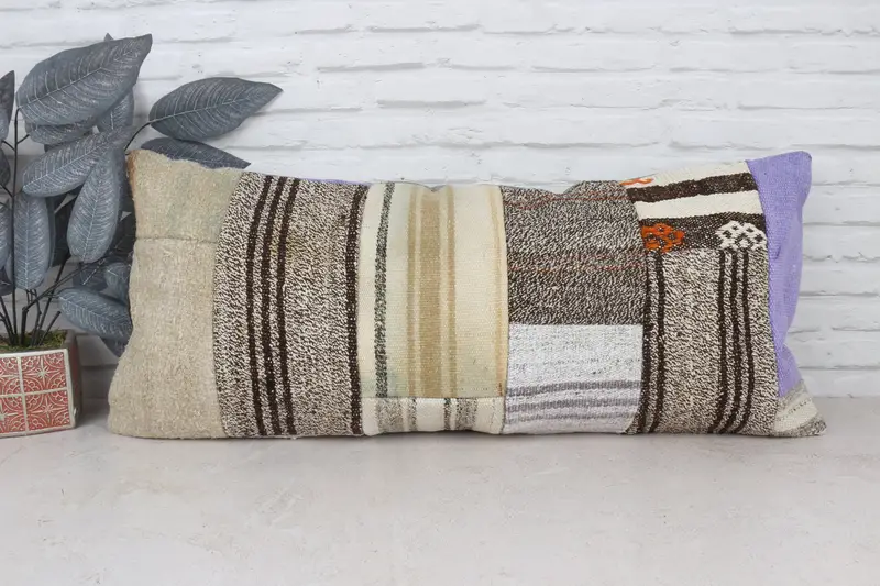 16x36 Beige Pillow Sham, Retro Throw Pillow Case, Turkish Pillow, Pillow Sham, Boho Pillow Sham Cover, Kilim Pillow, Knitted Cushion Case - 1