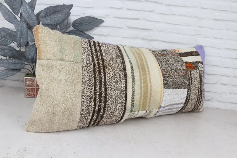 16x36 Beige Pillow Sham, Retro Throw Pillow Case, Turkish Pillow, Pillow Sham, Boho Pillow Sham Cover, Kilim Pillow, Knitted Cushion Case - 3