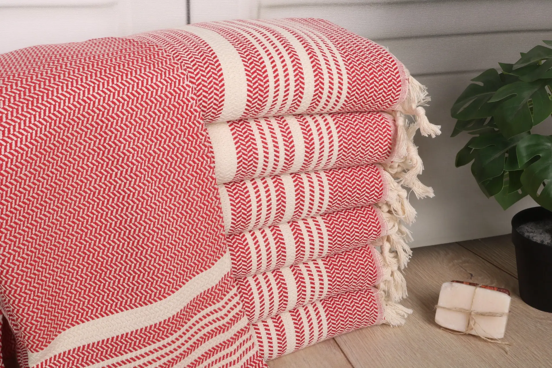 Striped Dish Towel Red Cotton, Custom Hand Towel, 18x40 Inches - 1