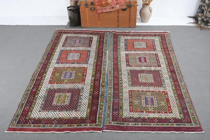 Vintage Turkish Large Rug 6.4x7.5 ft, Red Green Ombré Rug - 1