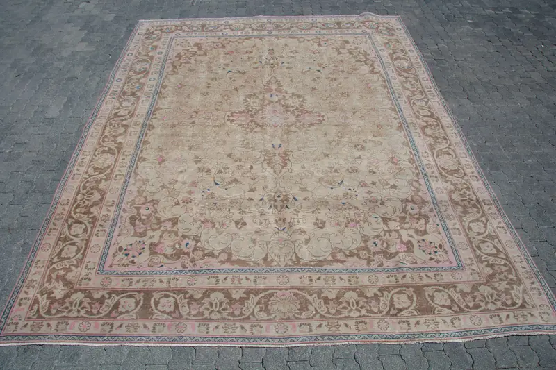 Vintage Oversize Rug 9.6x12.5 ft (292x380 cm), Oushak Brown Camouflage Turkish Rug - 1
