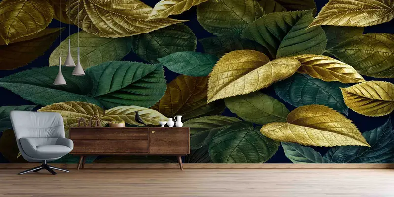 Altın Yaprak Baskılı Duvar Kağıdı: Trendy, Şık Yeşil Yaprak Tasarımı