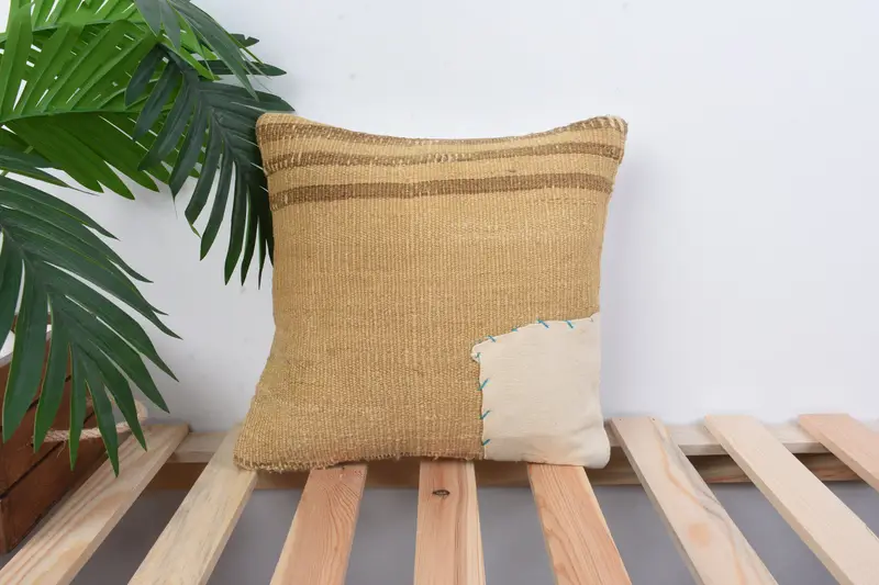 Kilim Pillow Cover, Bolster Cushion Cover, 12x12 Beige Cushion Case, Vintage Pillow, Pillow, Ethnical Kilim Rug Pillow, Outdoor Throw Cushion - 1