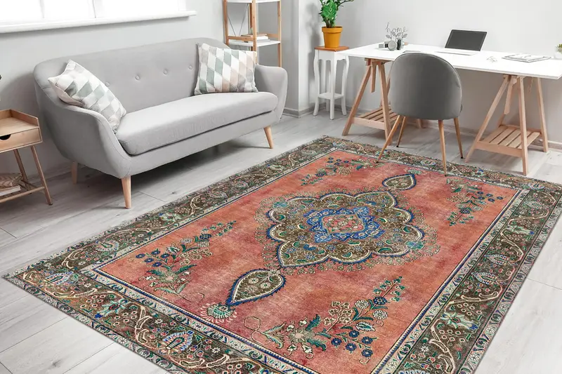 エレガントなプリントラグ：ブルー＆ブラウンの花柄トルコヴィンテージパターン