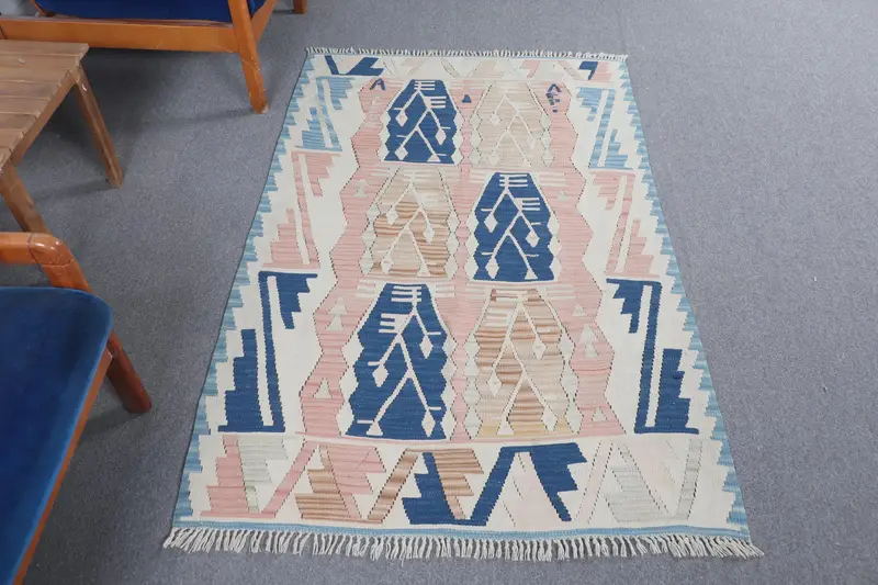 Orange & Blue Striped Rug, 3.5x5.5 ft Unique Design