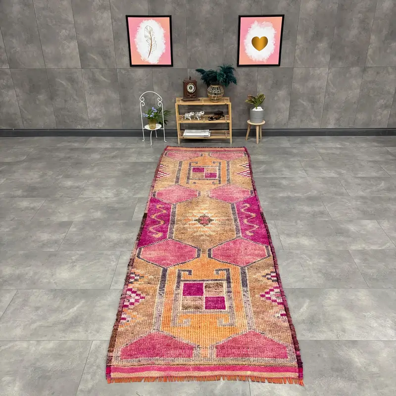 3.2x10.2 ft Turkish Runner Rug, Vintage Pink Camouflage Rug - 1