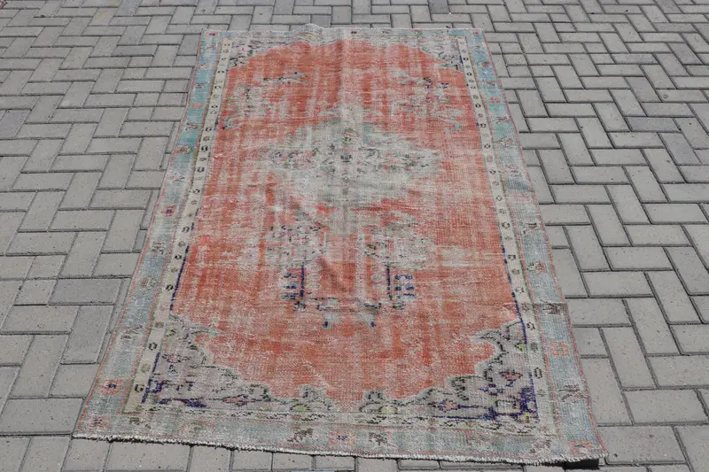 Turkish 4.3x7 ft Rug, Oushak Vintage Rug, Red Plants & trees Wool Rug - 1