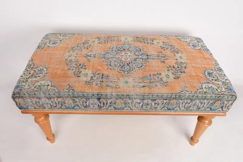 Modular Blue & Orange Ottoman, Kilim-Inspired Wool Blend Ottoman