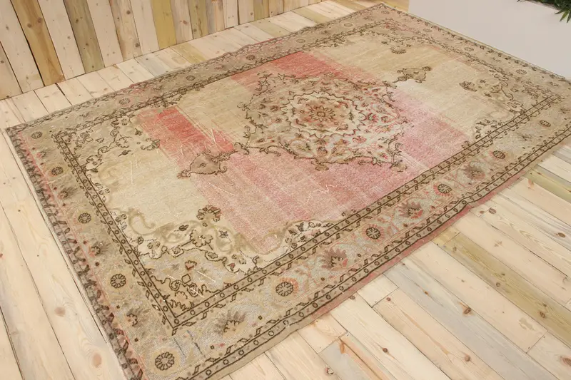Vintage Türk Oushak Büyük Halı 6.7x10.2 ft, Kırmızı Çiçekli Yün Halı - 1