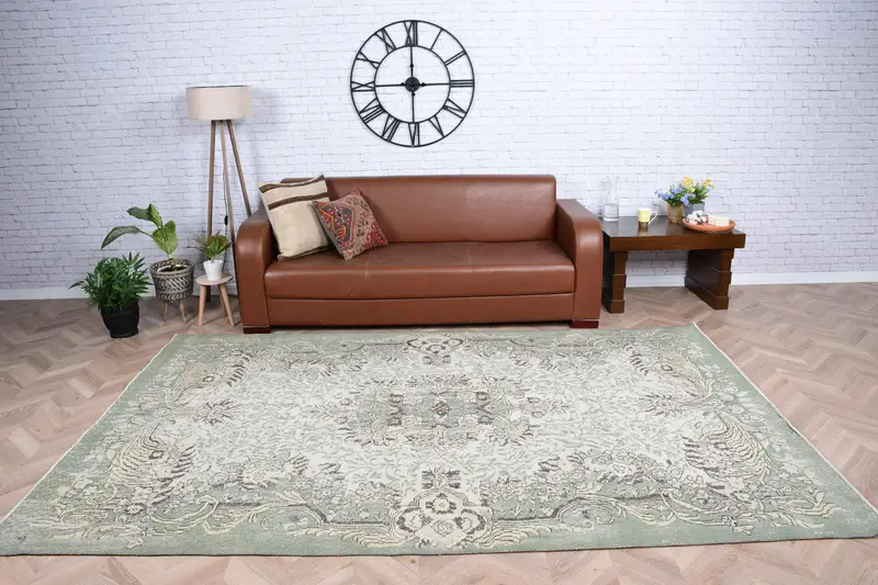 Türk Oushak Büyük Halı 6.1x9.5 ft (186x289 cm), Vintage Yeşil Çiçekli Yün Halı - 1
