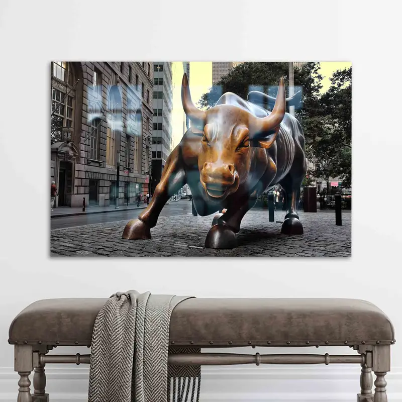 エレガントなプリントガラス: ブロンズブル像ニューヨークのテーマ