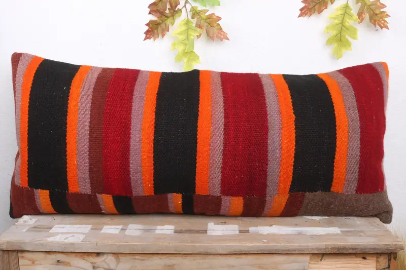 Throw Kilim Pillow, Cushion Cover, Boho Pillow, 16x36 Red Pillow Cover, Muted Cushion Cover, Colorful Pillow Case, Antique Pillows, Bench Cushion - 2